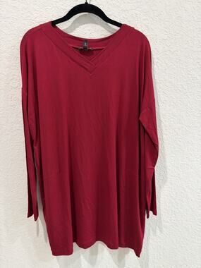 Eileen Fisher Womens Medium Red V Neck Tunic Top Long Sleeve Relaxed Side Slits